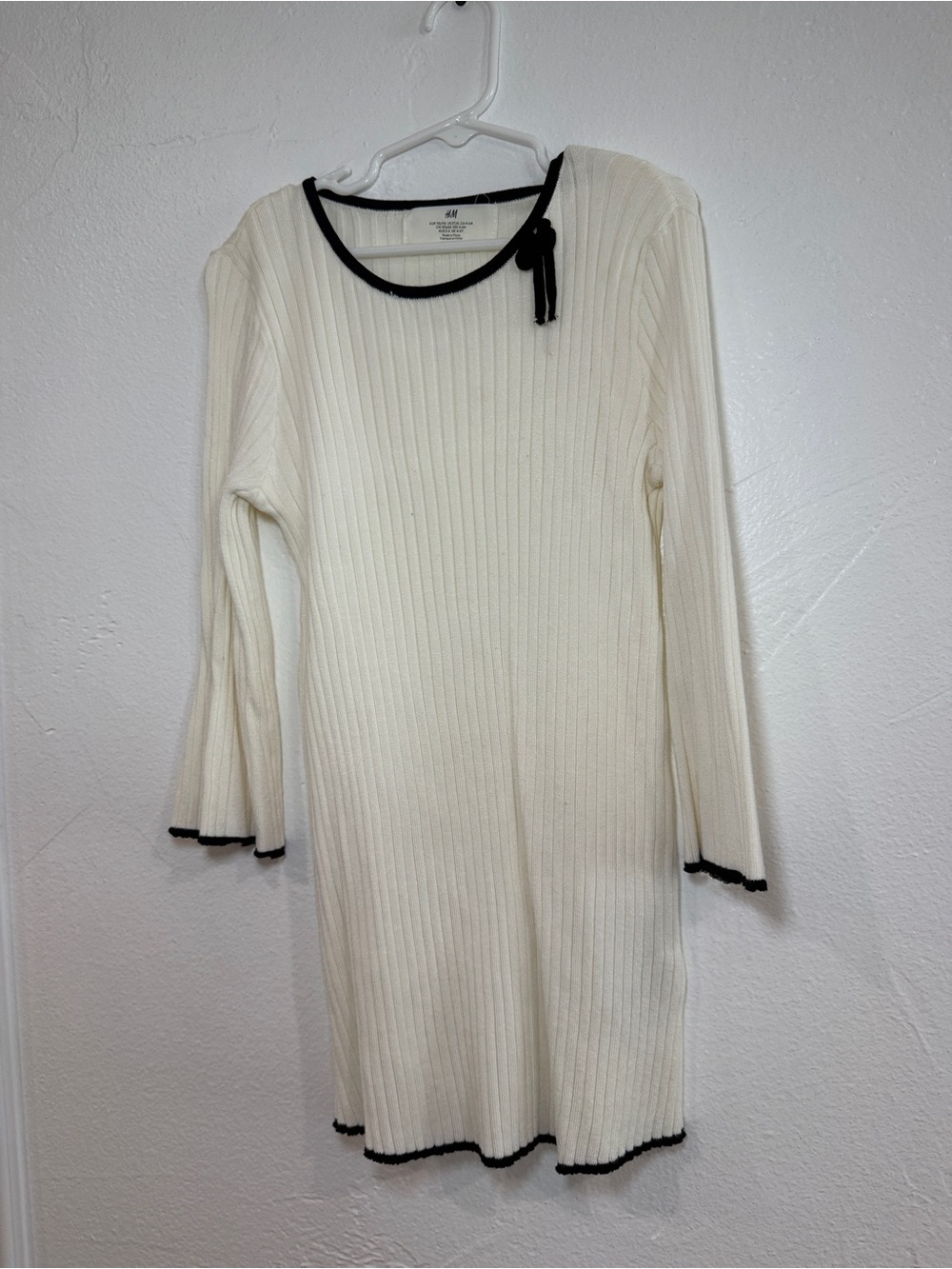 H&M Cream Ribbed Long-Sleeve Dress with Black Trim and Bow